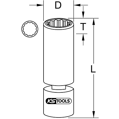 Schwarz-weiß technische Zeichnung eines Steckschlüssels. Der Text im Bild zeigt L, D und T.